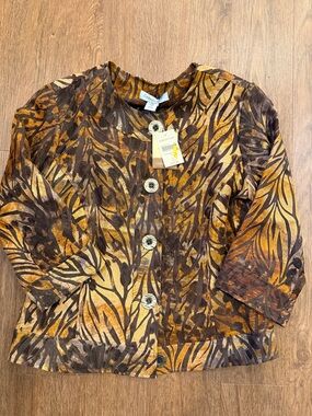 Cold Water Creek Button Front Jacket in Mustard & Brown Leaf Print